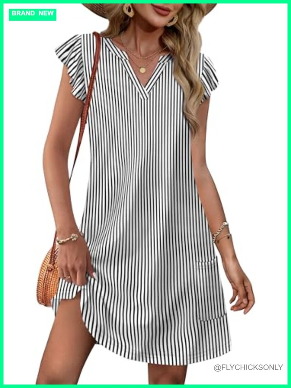 V Neck Ruffle Sleeve Swing Dress with Pockets